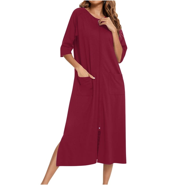 Zip Up Robe for Women Long Housecoat Soft Nightgown with Pockets