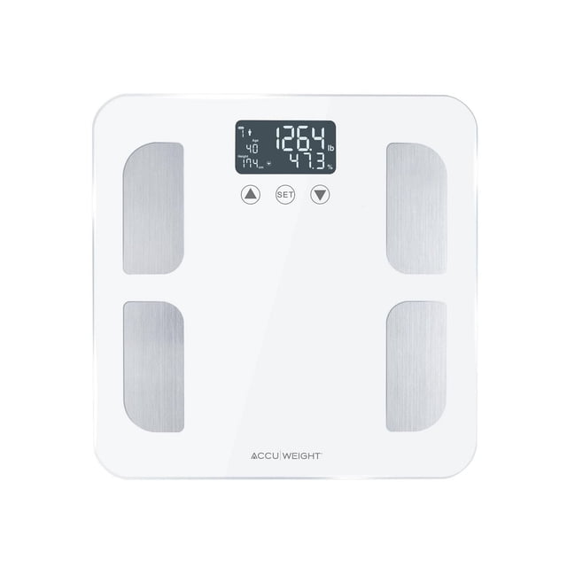 Accuweight Digital Body Composition Scale, Ultra-White, Model BS0315W, with a 12.2 x 12.2 inch ultra-white tempered glass platform and four stainless steel sensor pads, features a large illuminated display showing weight, body fat percentage, and other body composition metrics, supports 8 user memory profiles, and includes touch-sensitive buttons for bathroom use.