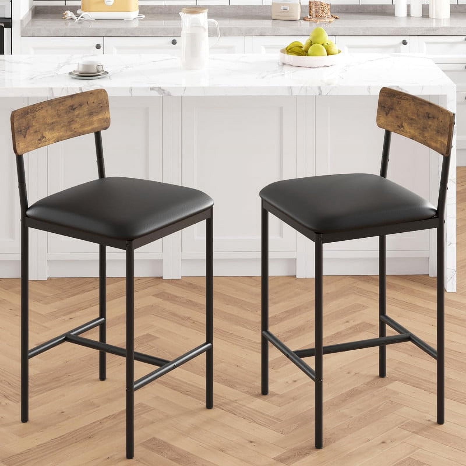 EastVita Bar Stools Set of 2, Upholstered Bar Chairs with Back, 25.5 Inches Kitchen Bar Stools with Footrest, Thick Cushion, Counter Height Barstools for Island, Counter Bar