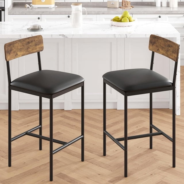 EastVita Bar Stools Set of 2, Upholstered Bar Chairs with Back, 25.5 Inches Kitchen Bar Stools with Footrest, Thick Cushion, Counter Height Barstools for Island, Counter Bar