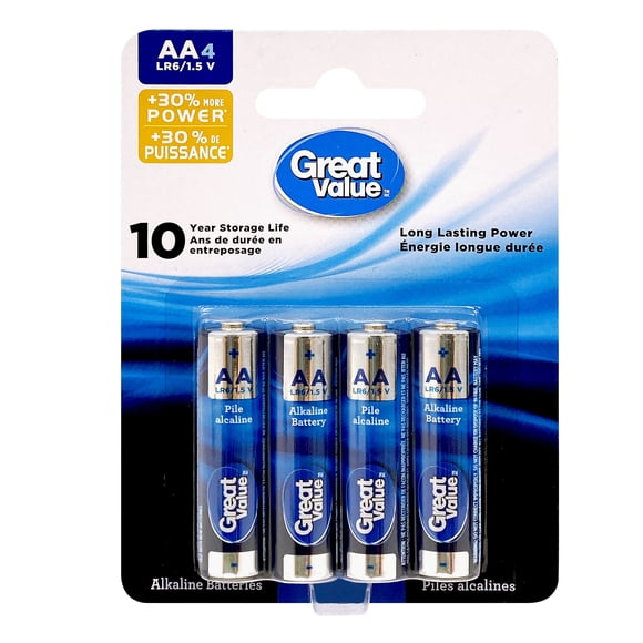 Great Value AA LR6/1.5 V Alkaline Batteries 4-Pack, 10-year storage life