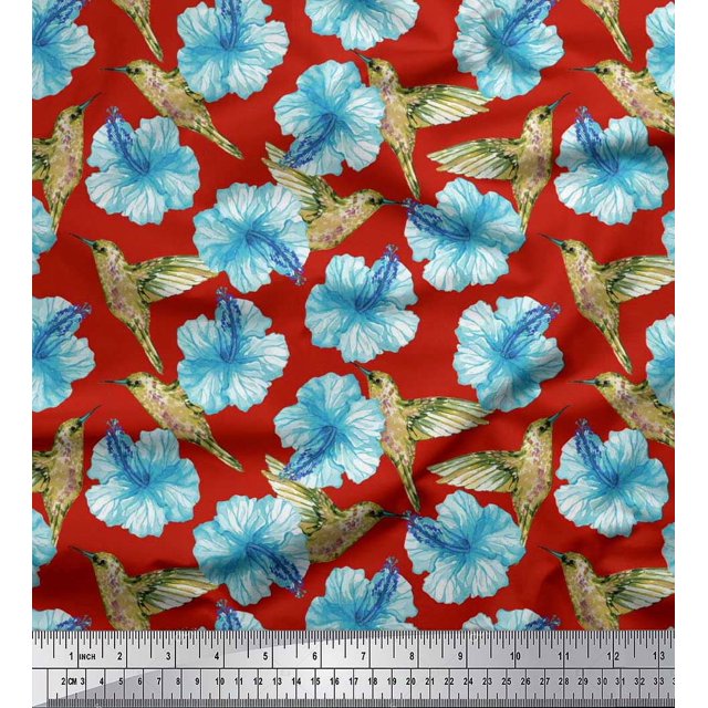 Soimoi Modal Satin Fabric Hummingbird & Floral Decor Fabric Printed Yard 42 Inch Wide