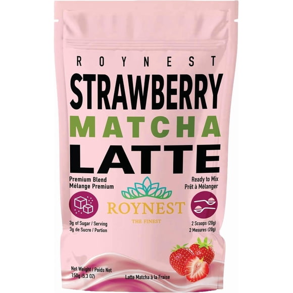 Roynest Premium Strawberry Matcha Latte Powder | Ready to Mix Strawberry Matcha Latte for Iced Lattes, Smoothies and Cold Drinks | Clean Energy | 150g Reseleable Pouch