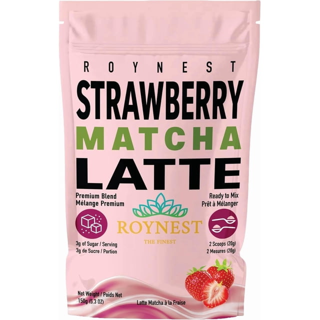 Roynest Premium Strawberry Matcha Latte Powder | Ready to Mix for Iced Drinks, Smoothies & Cold Beverages | Clean Energy | 150g Resealable Pouch