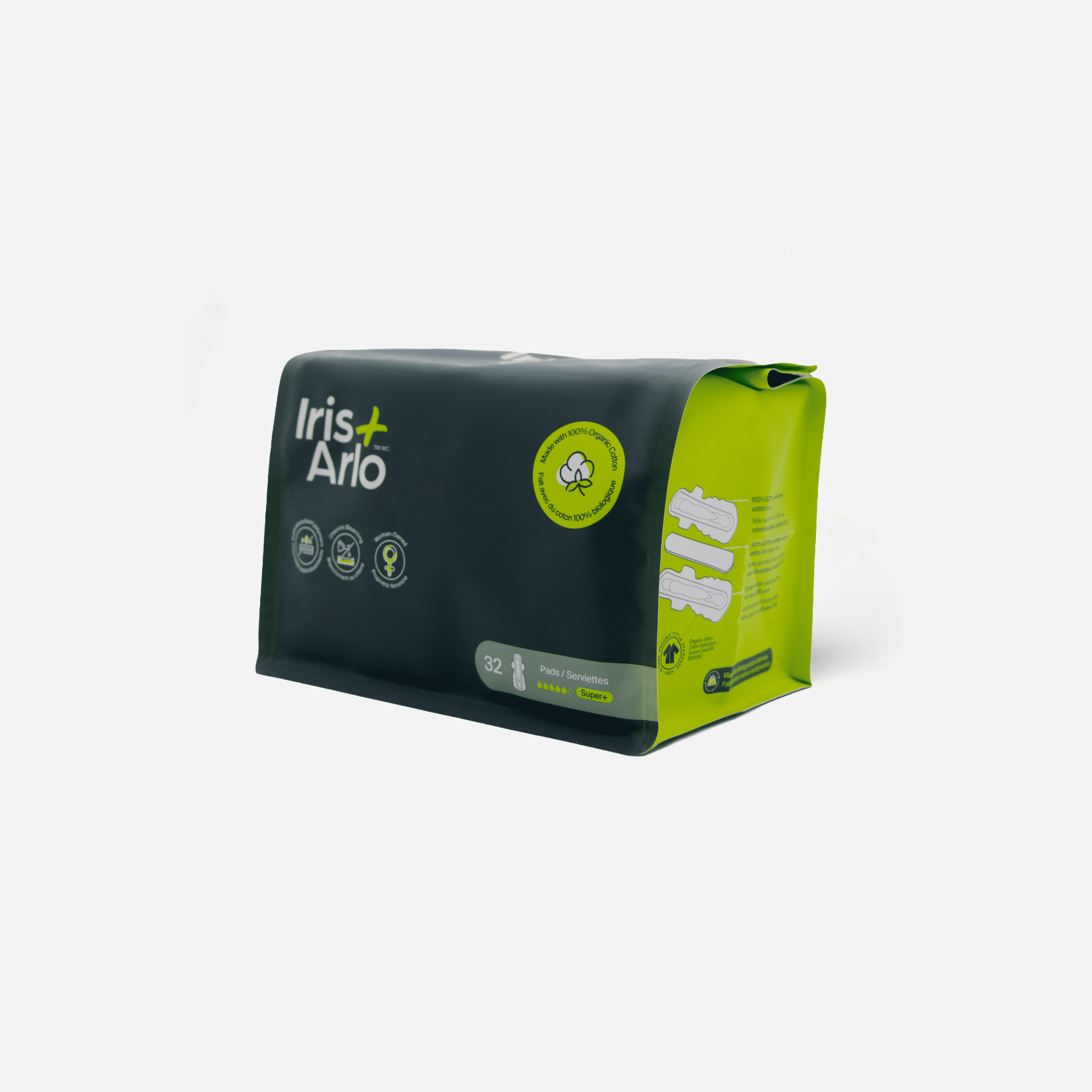 Iris + Arlo Serviettes Hygiéniques Biologiques 100 % Coton / Sac Super Plus Refermable (32 Unités), Serviettes Hygiéniques pour Femmes + Toutes les Menstruatrices avec Ailes