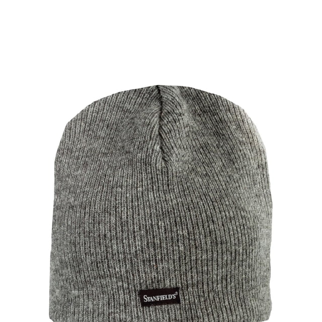 Stanfield's Double Layer Wool Toque with Fleece Earband Lining in grey, made of rib knit wool with a soft fleece earband lining and flatlock seams to prevent chafing, designed for extreme warmth and comfort during cold weather activities.