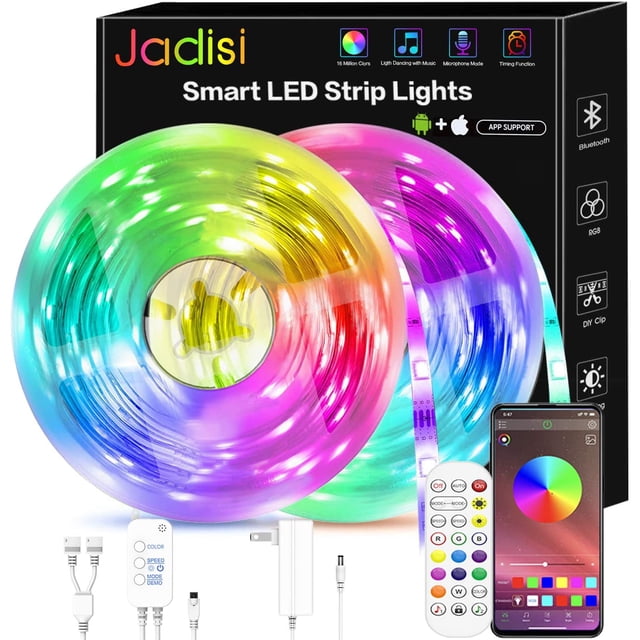 Bandes Lumineuses DEL de 50 Pi avec Synchronisation Musicale et Fonctions de Changement de Couleur RVB, Y Compris une Télécommande Bluetooth. l'Ensemble Affiche des Bandes DEL Multicolores Vibrantes, une interface d'Application pour Téléphone Intelligent, et des Accessoires comme une Télécommande, des Connecteurs et un Adaptateur d'Alimentation. Convient à l'Éclairage de Chambre et aux Installations d'Éclairage Fantaisie.
