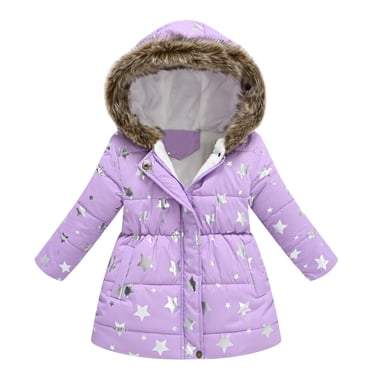 PMVFHDE Toddler Girls Winter Jacket | Cartoon Print Thermal Insulated Coat with Windproof Hood | Zipper Closure Snow Play Outerwear Light Purple,5-6 Years