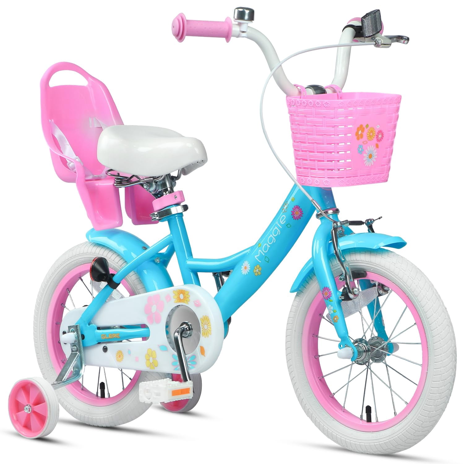 Glerc Maggie Girls Bike, 14 Inch Kids Bike for 3-5 Years Old Children, Princess Style Kids Bicycle with Doll-Seat & Basket & Training Wheels, Blue
