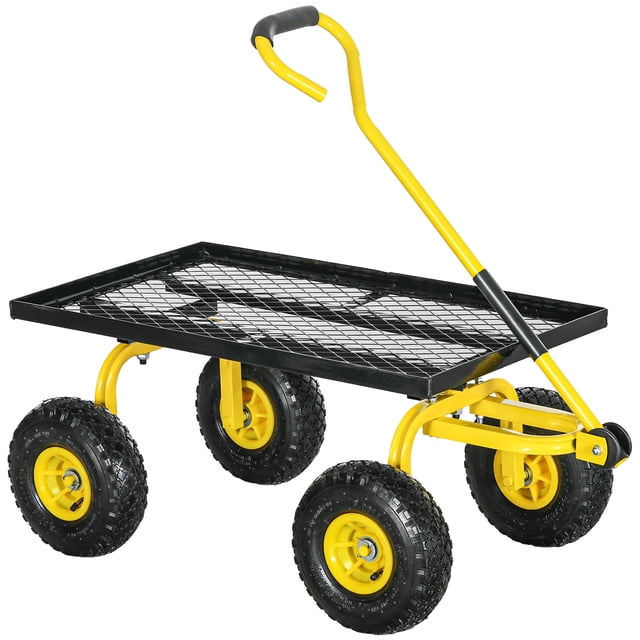 Outsunny Chariot de Jardin Robuste, Capacité de 330 Lb, Jaune. Conçu pour les Tâches de Jardinage, Il Présente un Cadre en Acier durable avec un Plateau en Treillis, une Poignée Enduite de Mousse pour le Confort, et Quatre Pneus Pneumatiques en Caoutchouc pour un Mouvement Fluide sur le Gravier, l'Herbe et le Sol. Convient au Transport de Charges Lourdes Ou de Meubles.