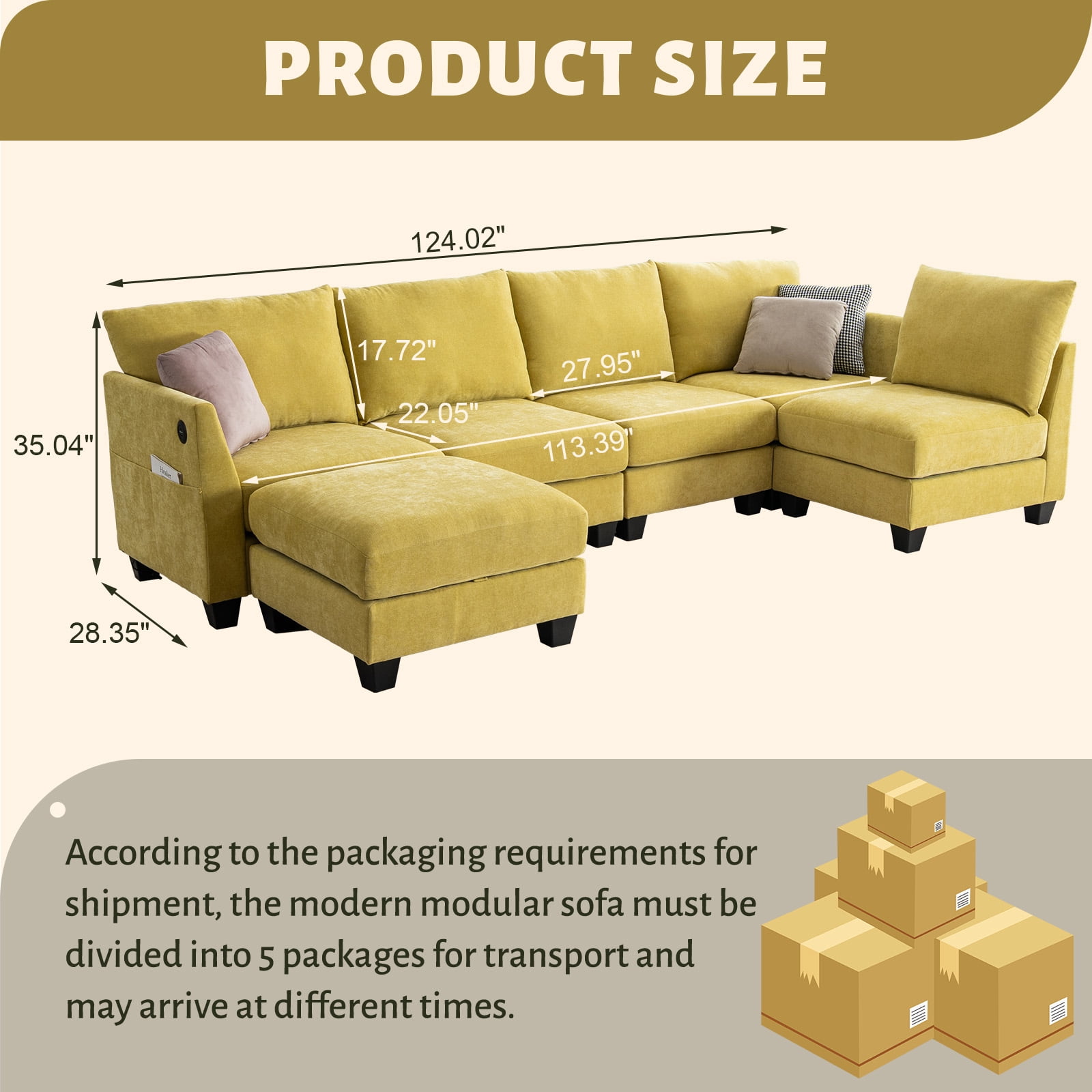 Canapé d'angle modulaire en forme de U 315 cm, 6 places, avec pouf de rangement et ports USB, jaune