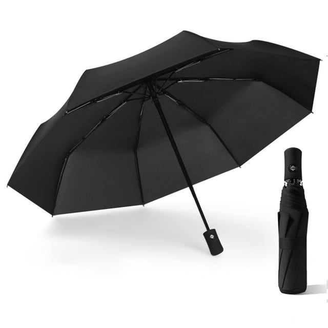 LSLJS Compact Fully Automatic Travel Umbrella in black, featuring a 42-inch waterproof canopy made of high-density 210T material. The umbrella has 8 steel and carbon fiber ribs for enhanced wind resistance and durability. It includes a fully automatic open and close mechanism for one-handed operation, making it convenient for use in heavy rain. The umbrella is lightweight, measuring 12.6 inches when folded and weighing 0.73 pounds, and comes with a matching storage bag. Suitable for men and women, ideal for travel, business, and everyday use.