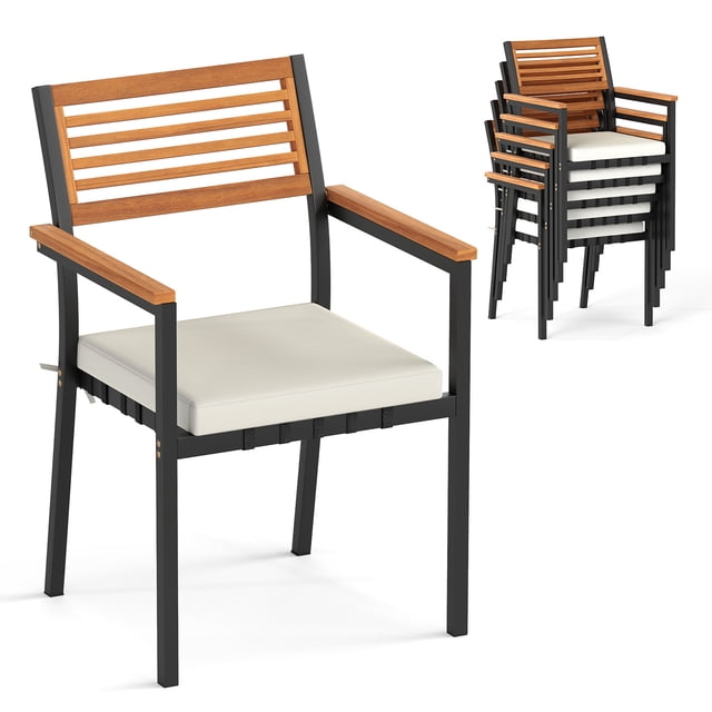 Costway Stackable Patio Dining Chairs Set of 6, Outdoor Chairs with Armrests & Cushions