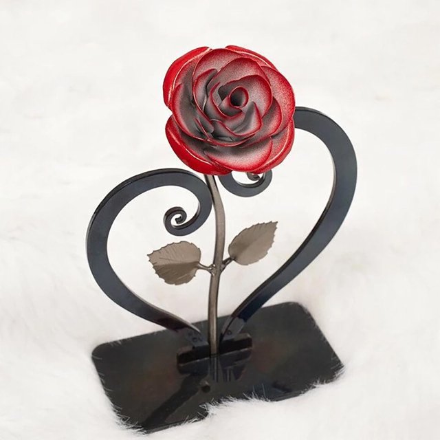 Valentine's Day Rose Iron Sculpture with Heart-Shaped Bracket 8.5 in Tall Powder-Coated Red Metal Rose Gift