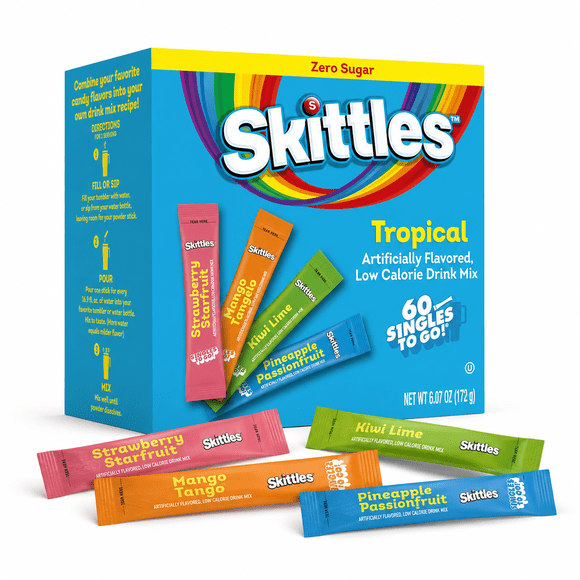 Skittles Zero Sugar Tropical Powdered Drink Mix Variety Pack, 60 Pk – Box of 60 Single‑Serve "Singles to Go" Sticks in 4 Tropical Flavours