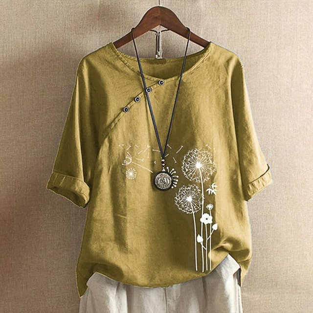 CHOK Hauts pour Femmes en Liquidation à Moins de 5 $ Hauts pour Femmes Décontractés Printemps Été Manches 3/4 Coton Lin Imprimé Graphique Pissenlit Col Ras du Cou Blouses Vintage Hauts Grande Taille