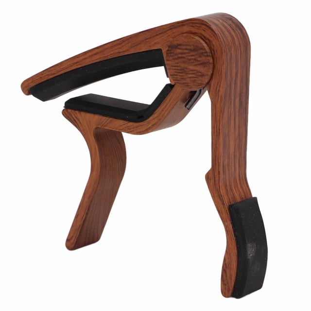 Guitar Capo, Firm Locking Quick Release Capos Accessory in a dark wood colour finish, made of durable aluminium alloy with rubber padding for secure locking. Designed for 6-string guitars, banjos, mandolins, and ukuleles. Includes 5 guitar picks for added convenience.