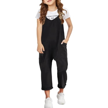 PMVFHDE Vêtements pour Enfants Filles Combinaisons Décontractées Sans Manches Bretelles Spaghetti Salopettes Amples Barboteuses Pantalons Longs avec Poche 1 Pce Salopettes Fille Barboteuse&Combinaison Noir,TTG