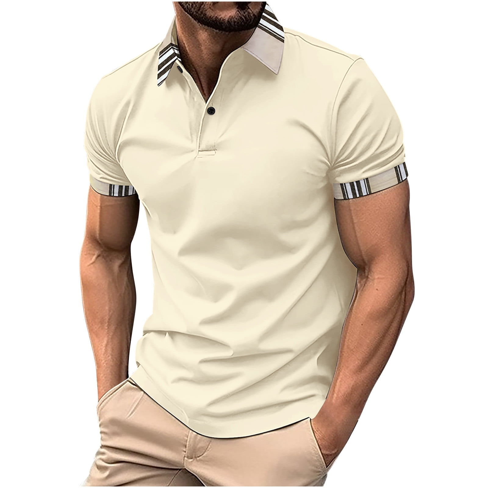 Men Casual Stripe Printed Button Short Sleeve Turndown Collar Blouse Shirt