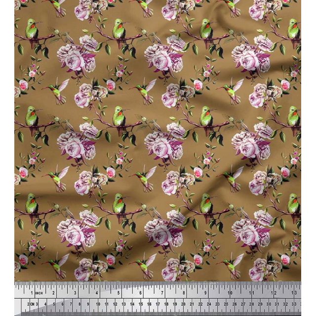 Soimoi Modal Satin Fabric Hummingbird,Leaves & Rose Floral Printed Fabric 1 Yard 42 Inch Wide