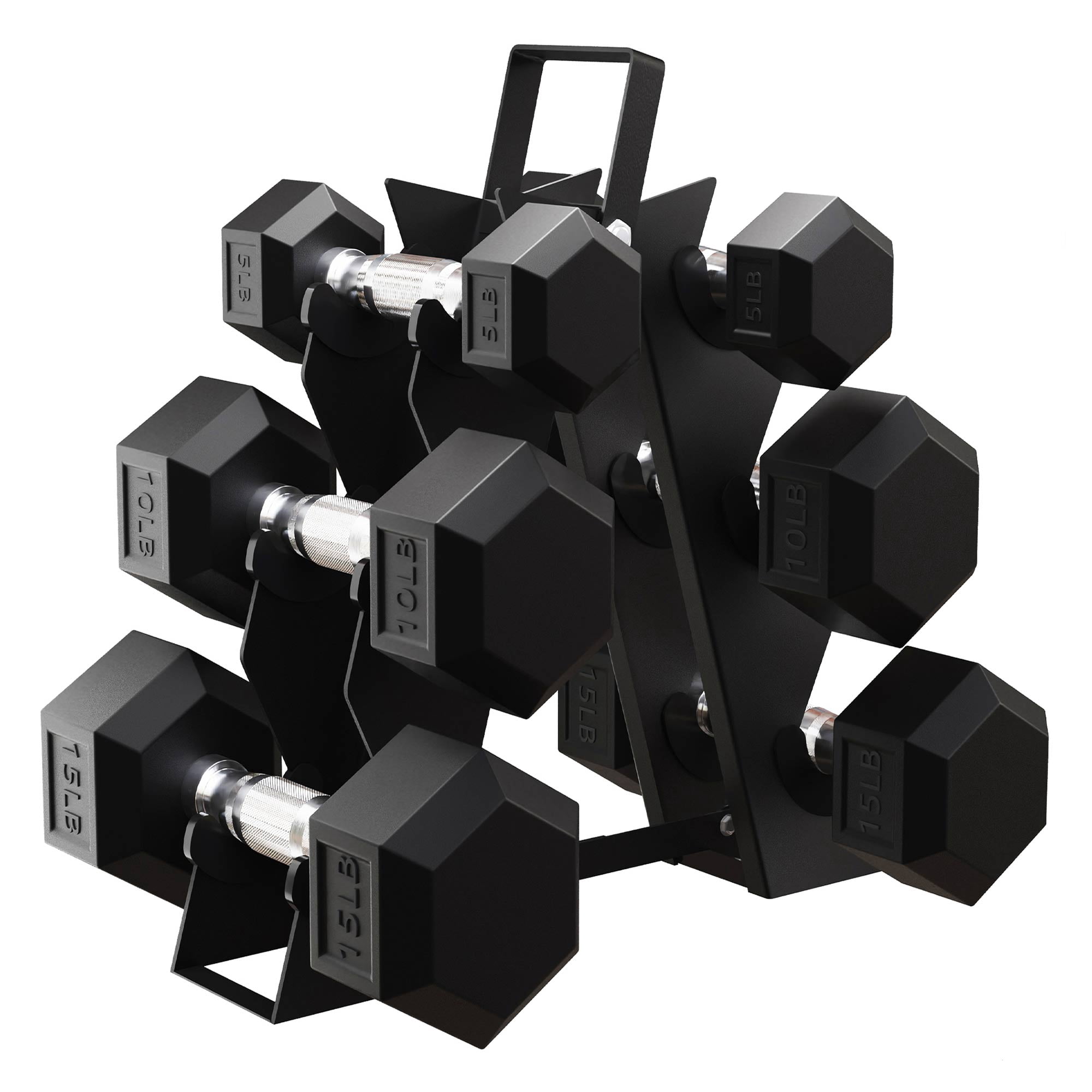 BalanceFrom 60 lb Rubber Coated Iron Dumbbell Hex Weights Set with A-Frame Rack, Black