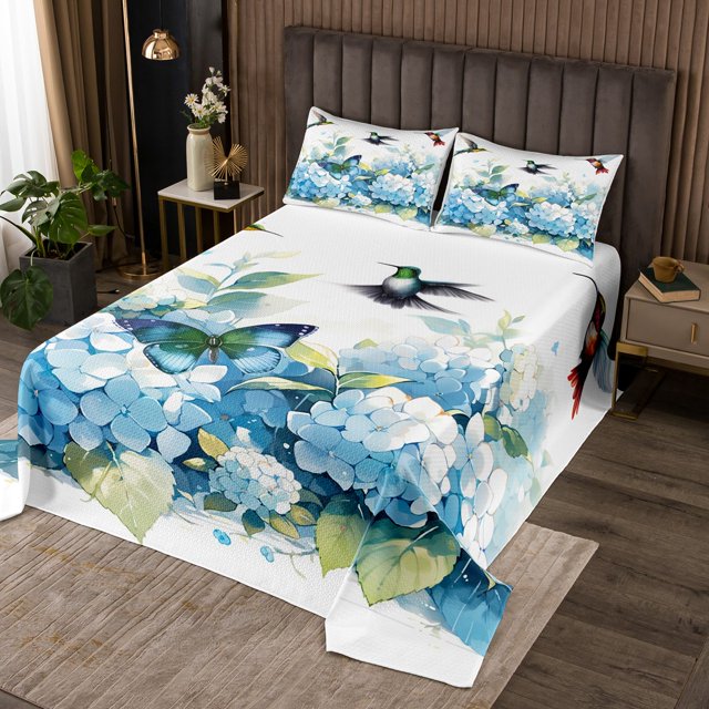 YST Girls Hydrangea Flower Queen Quilt Set Hummingbird Butterfly Bedspread Set,Blue Floral Coverlet Set Green Leaf Bedspreads & Coverlets Spring Blossoms Bedroom Decor,Lightweight 3 Piece
