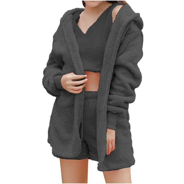 XZNGL Hauts pour Femmes à Manches Longues Hauts à Manches Longues pour Femmes Pyjama en Peluche Uni pour Femmes à Capuche Ensemble Trois Pièces à Manches Longues Hauts pour Femmes à Manches Longues Hauts pour Femmes à Manches Longues