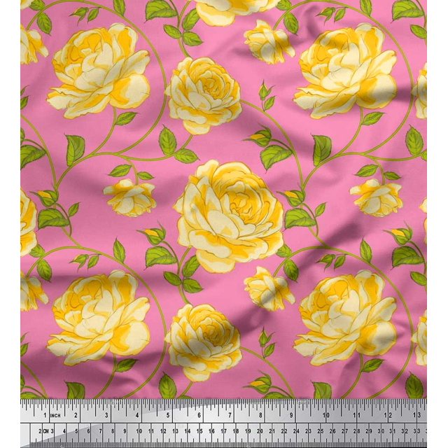 Soimoi Tissu en Coton Canard Feuilles & Roses Imprimés Floraux au Mètre 56 Pouces de Large