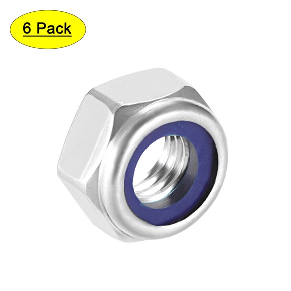 Unique Bargains M10 x 1.5mm Nylon Insert Hex Lock Nuts, 316 Stainless Steel, Plain Finish, 6 Pcs