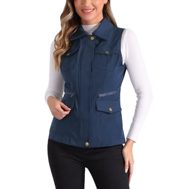 INSPIRE CHIC Veste Zippée pour Femme Sans Manches Anorak Gilet Utilitaire Veste avec Poches P Bleu Marine