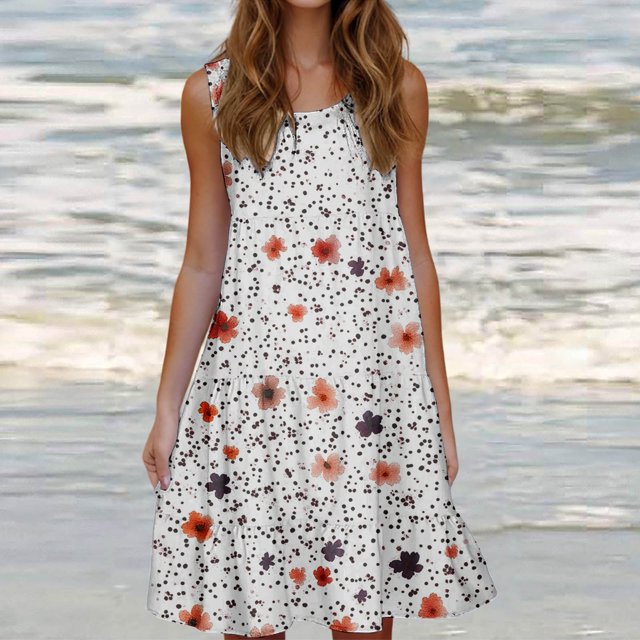 Ovzne Robes pour Femmes 2025 Robe de Plage Mode Féminine Vacances Été Couleur Unie Sans Manches Robe de Soirée Plage Robe d'Été Imprimée Liquidation