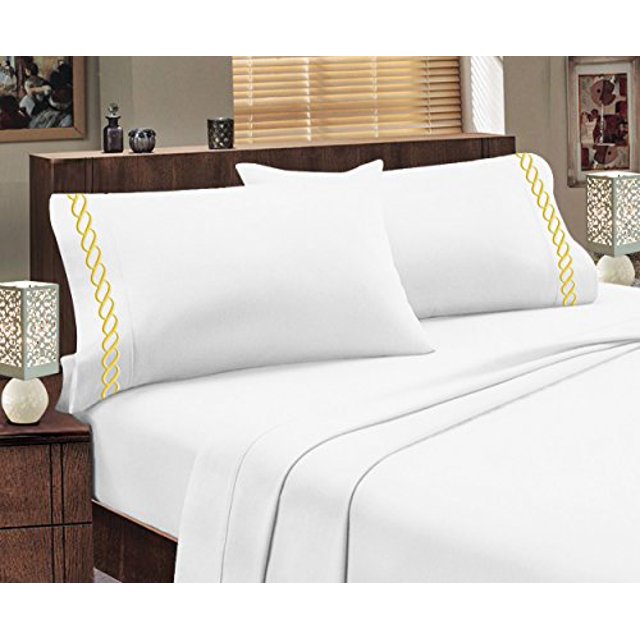 Greek Design Ultra Soft Egyptian Comfort Embroidery Sheet Set (Queen, White & Gold)