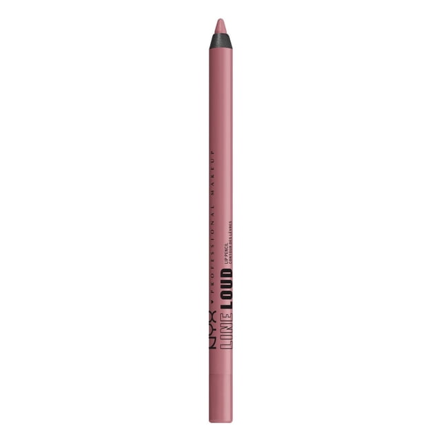 NYX PROFESSIONAL MAKEUP Line Loud Waterproof Lip Pencil in muted pink with black tip, featuring longwear, smooth matte finish and vegan formula, ideal for precise lip shaping and blending, shown centered on white background.