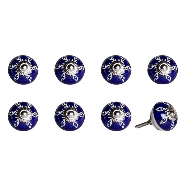 KNOB-IT vintage handpainted ceramic knobs 8 pack featuring round blue cabinet hardware with white floral designs and silver metal centers, one knob shown with a bolt for easy installation on drawers or cupboards, suitable for decorative furniture updates.