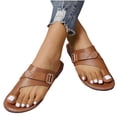 thumbnail image 4 of Slide Sandals for Women Flat Toe Ring Buckle Decor Leather Non Slip Beach Summer Sandals Brown, 4 of 5