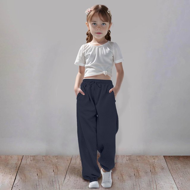 PMVFHDE Kids Pants Medium And Large Children Casual Girls Solid Color Drawstring Sweatpants,Navy,7-8 Years