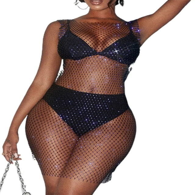 Robe de Plage Sans Manches à Paillettes en Résille pour Femmes, Maillot de Bain d'Été