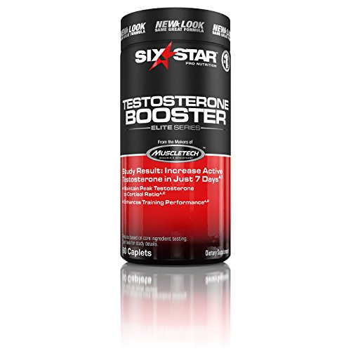 Six Star Testosterone Booster Supplement, Extreme Strength, 60 caplets in a black and red cylindrical container. A dietary supplement designed to enhance training performance, maintain peak testosterone levels, and support muscle growth. Scientifically researched formula with boron and plant-based ingredients for maintaining testosterone to cortisol ratio, ideal for post-workout support.