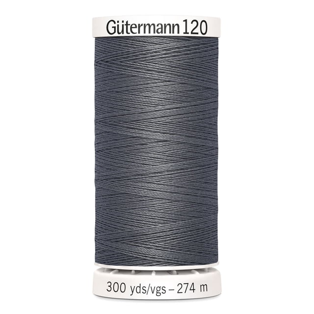 Gutermann 120 100% polyester all purpose thread spool in grey, tightly wound with 300 yards (274 meters) length, ideal for machine and hand sewing cotton, synthetics, wool, and craft projects like home décor and beading.