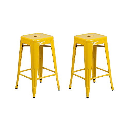 Vogue Furniture Direct 24" High Barstools Backless Yellow Metal Barstool Indoor-Oudoor Counter Height Stool with Square Seat, Set of 2 - VF1571019