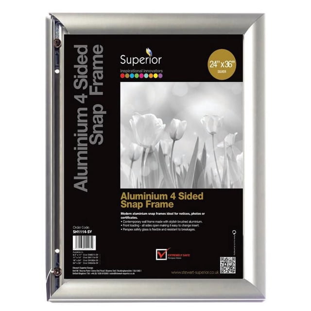 SECO Snap Poster Frame Case, 24 x 36 Inches, Silver, front-facing silver satin anodized aluminum snap frame with 25mm profile, featuring a black insert with grayscale tulip image, quick snap spring hinged front load for easy poster changes, UV resistant anti-glare PVC front sheet, and included mounting hardware for portrait or landscape display, suitable for notices, photos, or artwork.