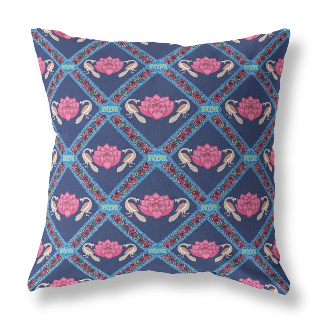Lotus Peacock Rose Suede Zippered Pillow with Insert Indigo Pink
