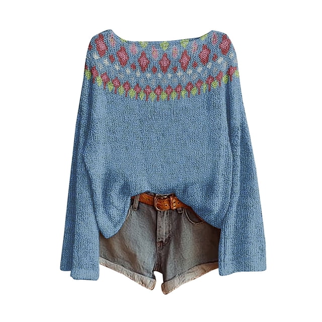 WTXUE Chandail Décontracté Léger Vintage Fair Isle pour Femmes, Manches Raglan, Col Rond, Tricoté, Imprimé Artistique, Chandails à Enfiler, Confortable et Chaud, Hauts d'Automne, Bohème Tendance, Western, Blouses de Bureau Décontractées, Bleu G