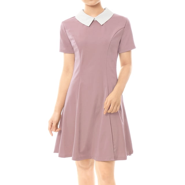 INSPIRE CHIC Robe Évasée à Manches Courtes pour Femme à Col Claudine Contrastant L Rose