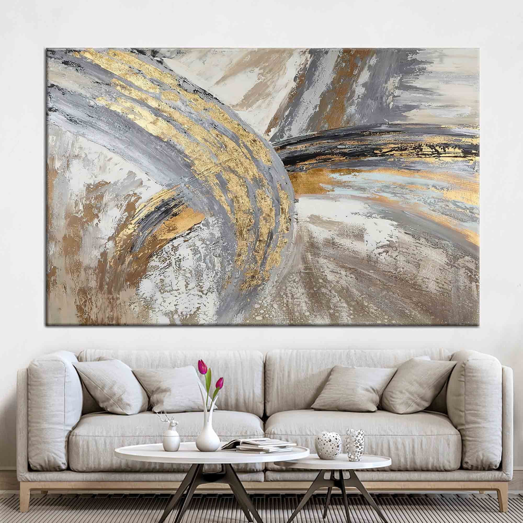 Golden Marble Printed Abstract Modern Artwork With Gray Tones And Luxury Wall Decor Features On A Gold Canvas