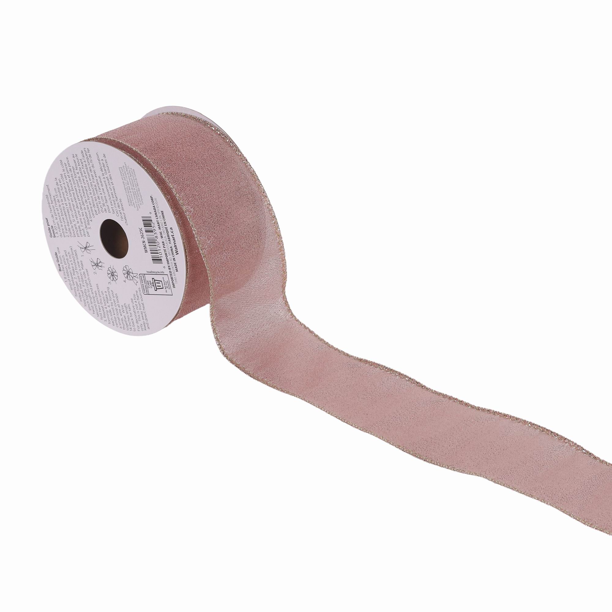 HOLIDAY TIME Dusty Rose Sheer Wired Fabric Ribbon with Glitter Gold Edge, 2.5 Inch, Holiday Decor Ribbons & Bows
