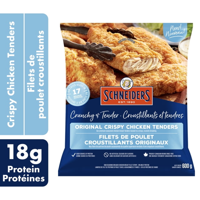 Schneiders Original Crispy Chicken Tenders package showing golden breaded chicken breast strips with crunchy texture, 19g protein per serving, air fryer ready in 17 minutes, with bilingual English and French text on a blue background, ideal as a frozen snack.