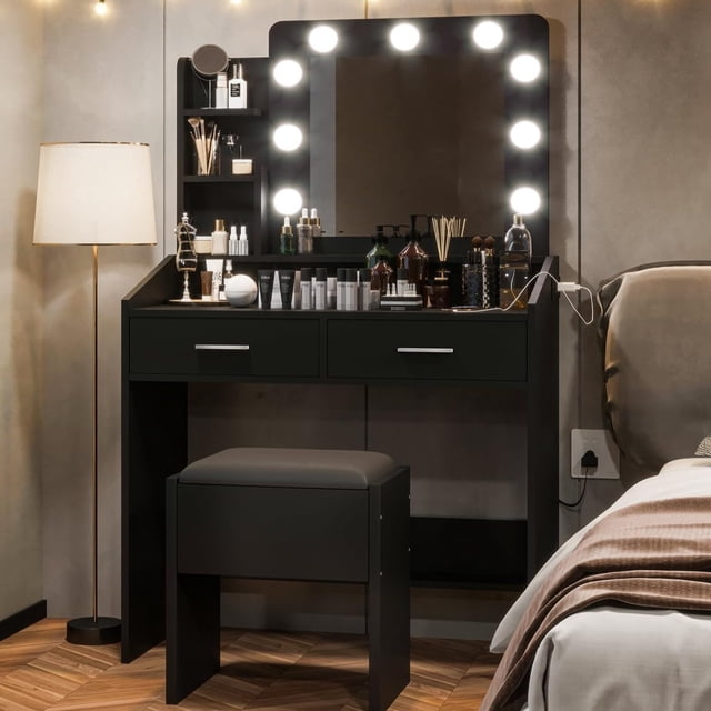 Vanity Desk with Mirror & Lights, Makeup Table with Charging Station, 3-Color LED, Hairdryer Holder & Storage Shelves, Includes Stool