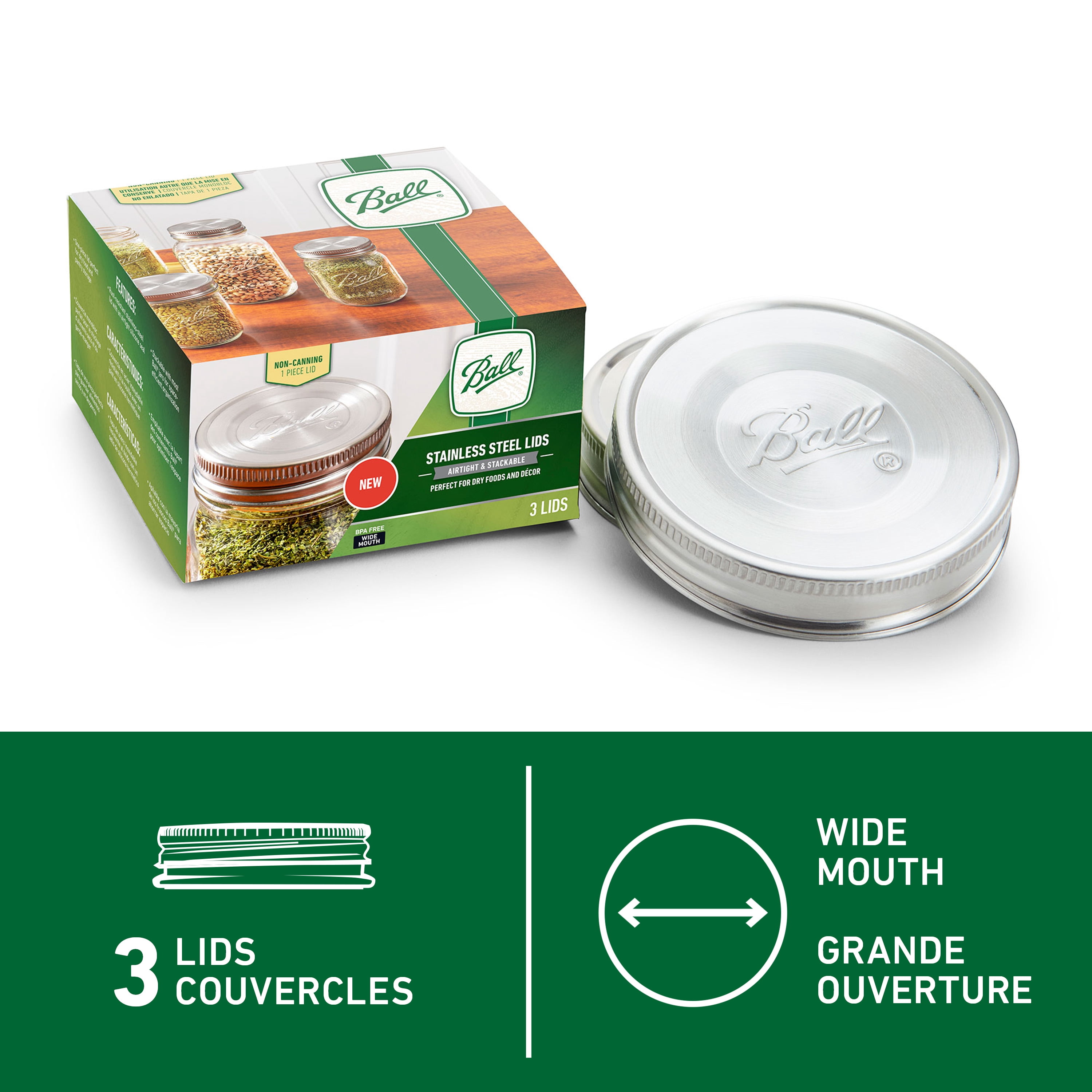 Couvercles en acier inoxydable Ball pour bocaux Mason, grande ouverture, paquet de 3