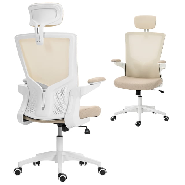 HOMCOM Chaise de Bureau Ergonomique, Chaise de Bureau avec Appuie-Tête Réglable, Beige. Conçue pour les Besoins en Mobilier de Bureau, Elle Présente un Dossier en Maille Respirante, un Siège Beige Rembourré et des Accoudoirs Relevables à 90°. Comprend un Appuie-Tête à Hauteur Réglable, un Soutien Lombaire 2D et une base Pivotante avec Roues en PU pour un Mouvement Fluide. Parfaite pour les Longues Journées de Travail avec une Hauteur de Siège Réglable et une Fonction d'Inclinaison.